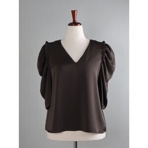 CROSBY By Mollie Burch $168 Solid Brown Ruffle Shirred Sleeve Top Size Large